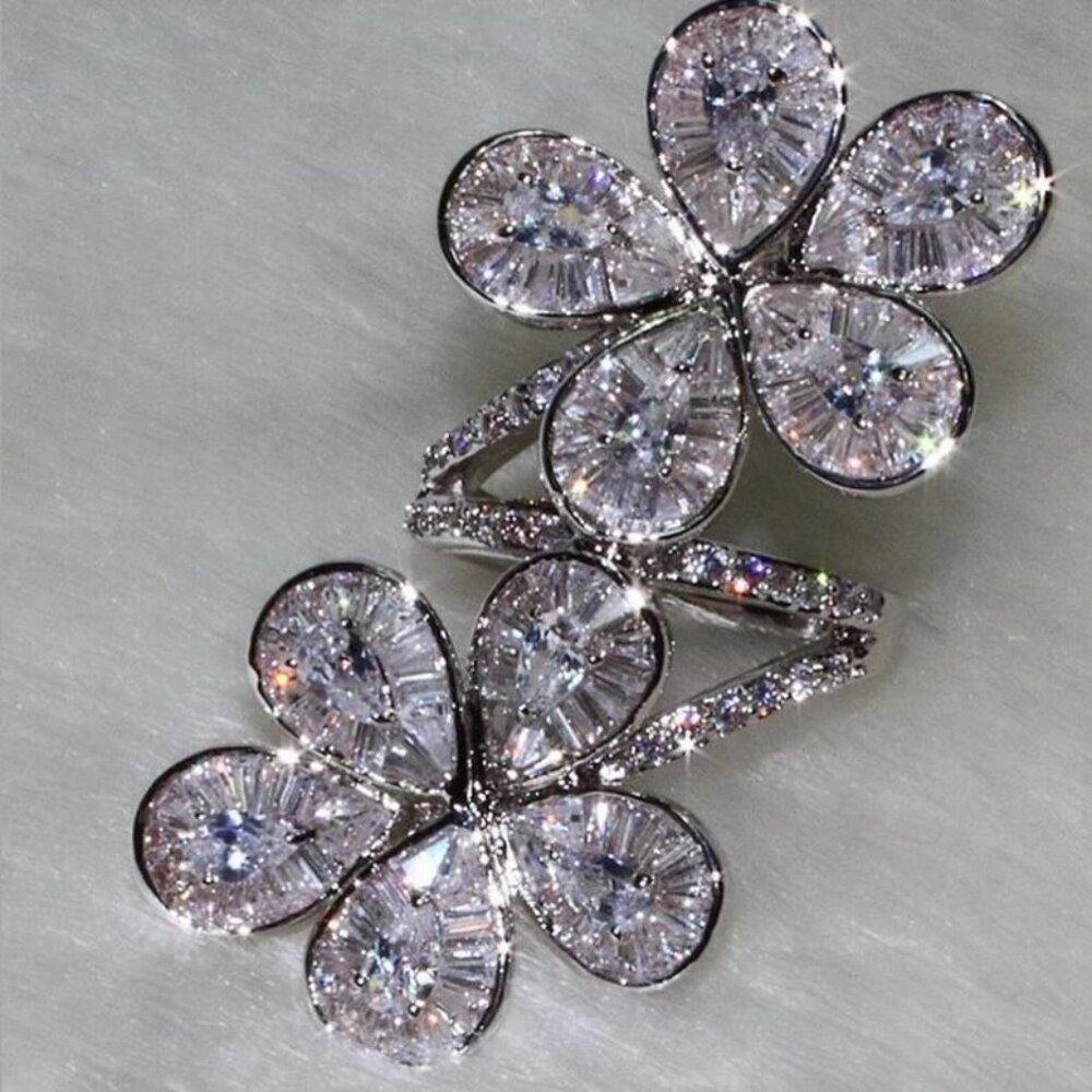 Flower CZ Ring Real 925 sterling silver Jewelry Statement Rings